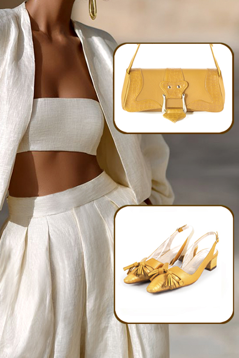 Dress slingback bow heels in mustard yellow leather with kitten heels and tapered toe - Worn view